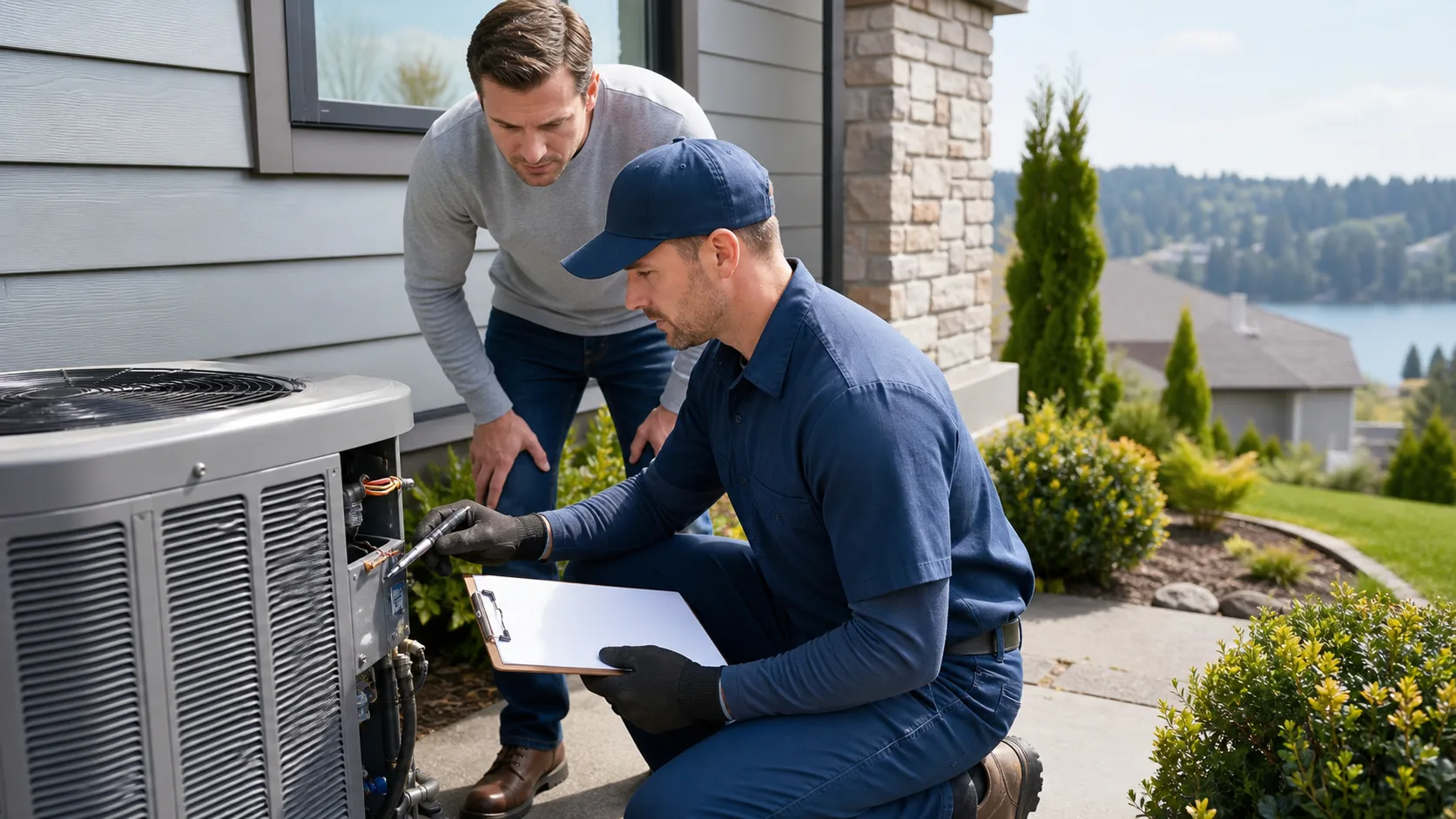 Technician inspecting an outdoor AC unit with a clipboard, while a man observes.